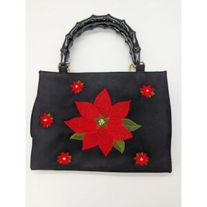 Vintage Tianni Black Satin Poinsettia Handbag - Faux Bamboo Handle Christmas Bag